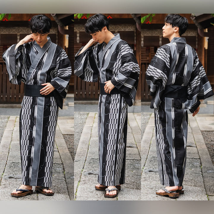 Men's Yukata Cotton Coordinate Set For Beginners : Black Yagasuri Yukata