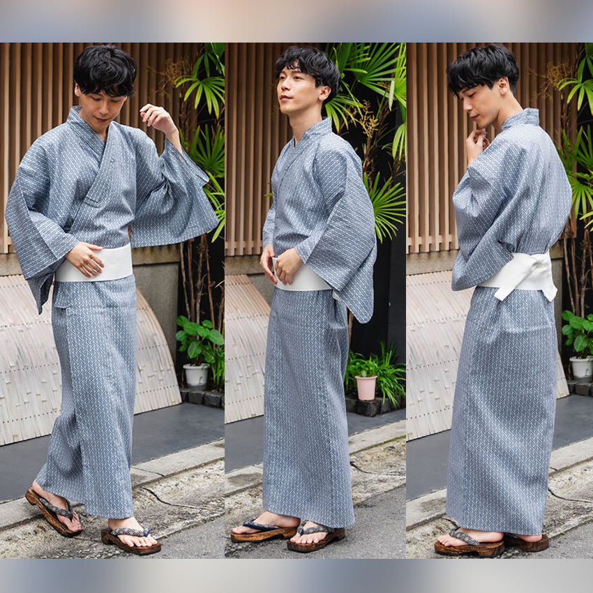 Men's Yukata Cotton Coordinate Set For Beginners : Blue-Gray with Geometric Design Yukata