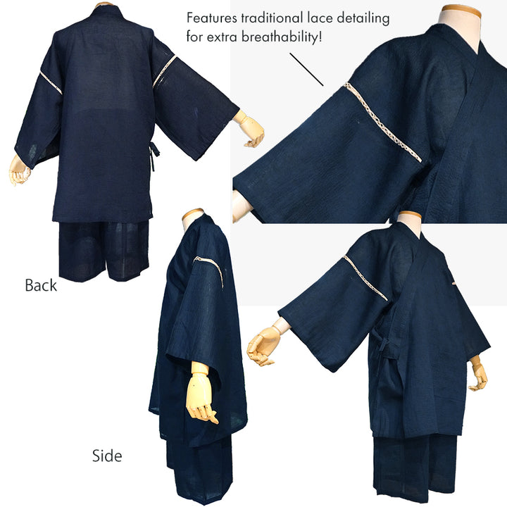 Men’s Cool & Comfortable Jinbei, Navy Base with Subtle Black Stripes – Lightweight Cotton ＆Linen Summer Loungewear, Sleepwear