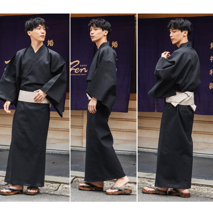 Men's Yukata Cotton & Linen Coordinate Set For Beginners : Solid Black Yukata