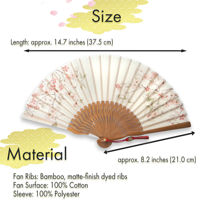 Folding Hand Fan for Lady's ,Surface Cotton, Bamboo Frame, Wakakusa -light green with pink-blushed cherry blossoms, slightly sheer