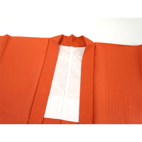 Vintage Haori Kimono Jacket Silk, Vivid Orange base, Cloud ,Dew-on-Grass Motifs