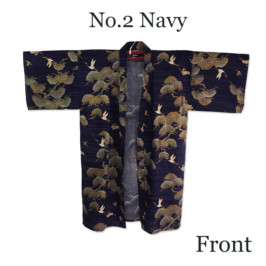 Men's Happi Coat: Kimono Robe -Black, Navy Blue, Red base, Cranes & Pine Trees