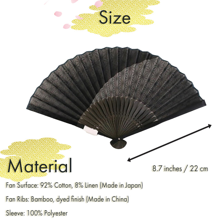 Folding Hand Fan for Men,Surface Cotton ,Bamboo Frame, Shades of gray (dark and light)  base, Asanoha (hemp leaf) design