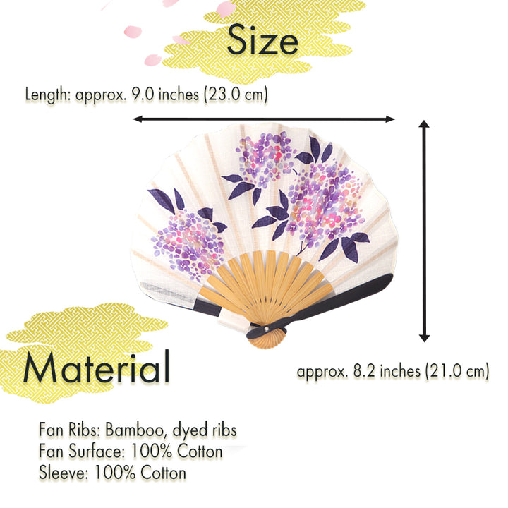 Folding Hand Fan for Lady's ,Surface Cotton, Bamboo Frame, White (off-white with gradations of wisteria purple, violet, and pink hydrangeas)