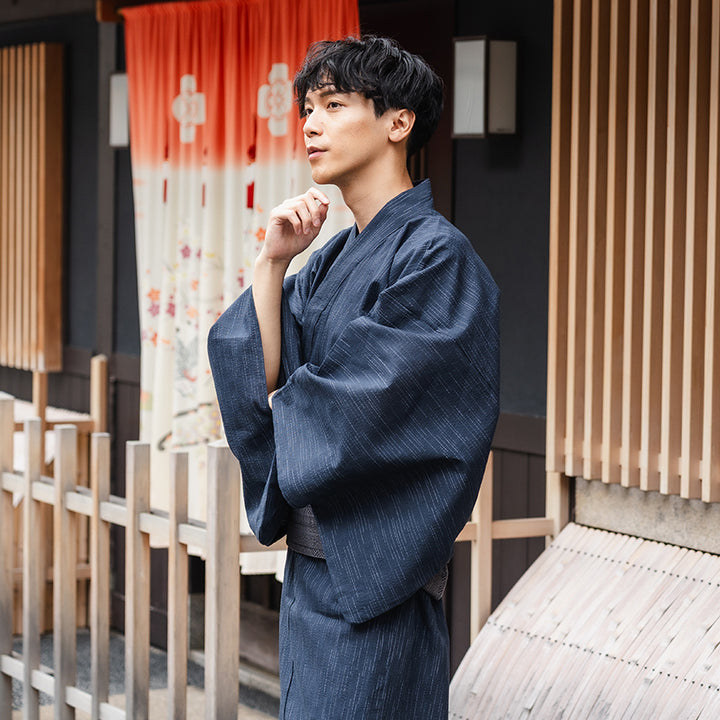 Men's Yukata Cotton & Linen : Navy with Rain-Like Stripes Yukata