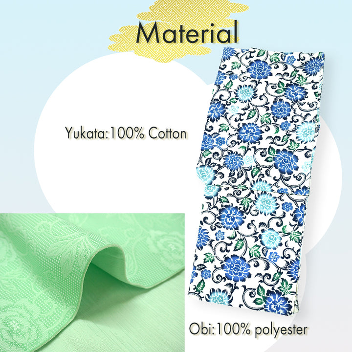 Women's Lightweight Cotton Yukata ＆Obi -2piece Coordinate set, Casual Summer Kimono  -Off-White Base with Blue, Green, and Navy Floral Arabesque