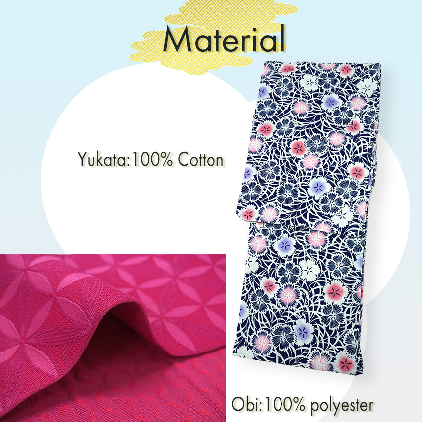 Women's Lightweight Cotton Yukata ＆Obi -2piece Coordinate set, Casual Summer Kimono  -Navy Base with Nadeshiko Flowers