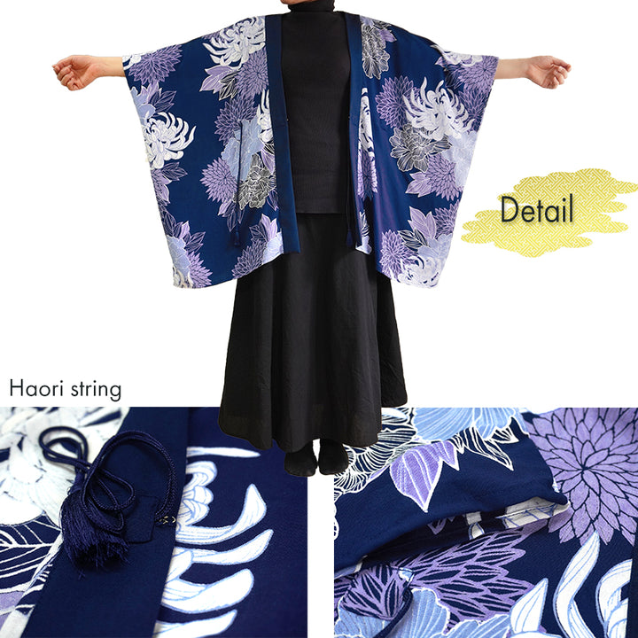 Lady's Haori , Kimono Cardigan -Navy, Dark red base –  Summer Chrysanthemum