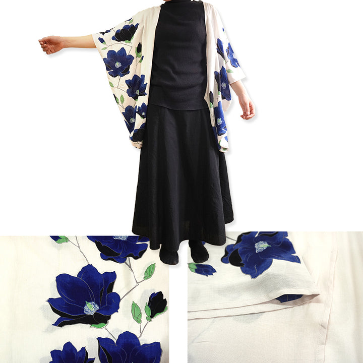 Lady's Haori , Kimono Cardigan -Black , White base – Magnolia pattern