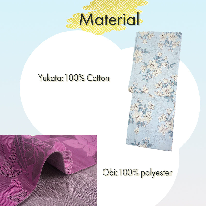 Women's Lightweight Cotton Yukata ＆Obi -2piece Coordinate set-, Casual Summer Kimono - Light Blue Base with Lily Pattern