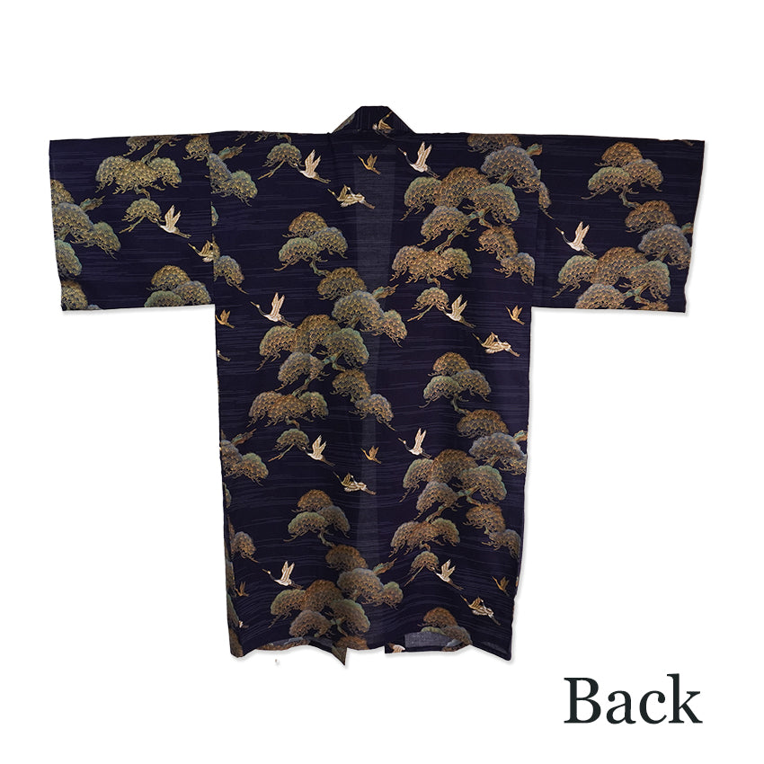 Men's Happi Coat: Kimono Robe -Black, Navy Blue, Red base, Cranes & Pine Trees