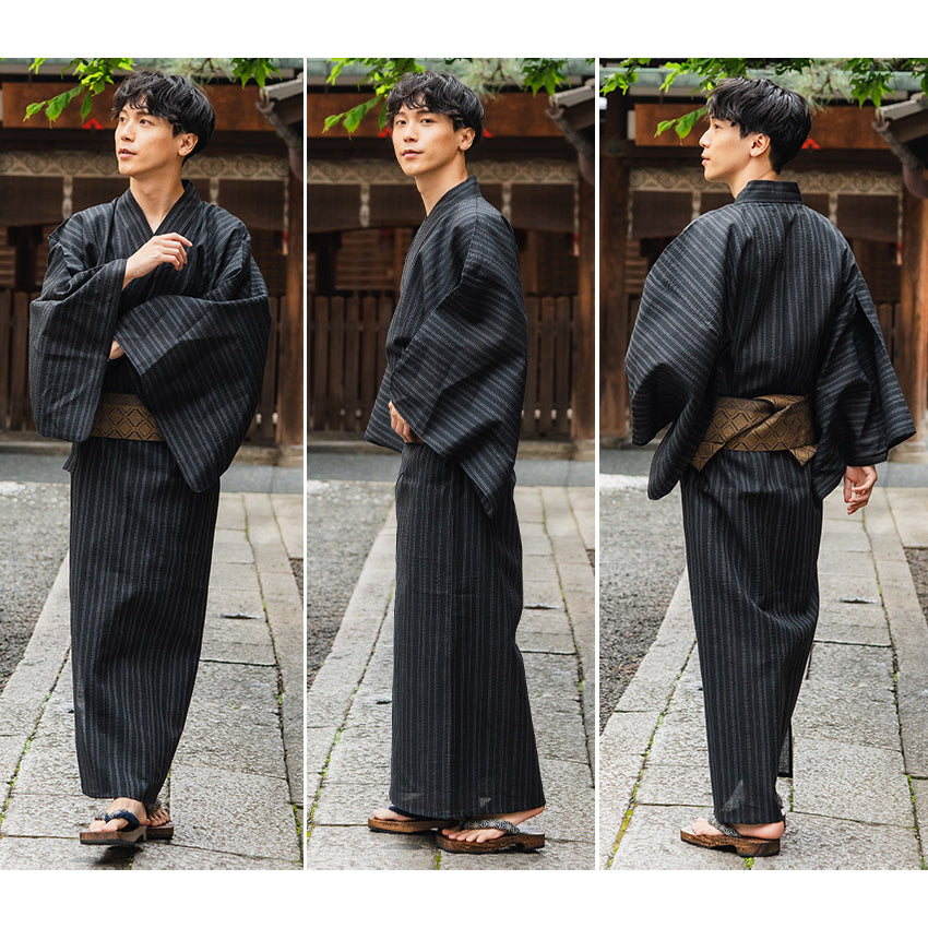 Men's Yukata Cotton & Linen Coordinate Set For Beginners : Black with Random Stripes Yukata