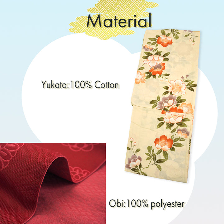 Women's Lightweight Cotton Yukata ＆Obi -2piece Coordinate set, Casual Summer Kimono  -Beige Base with Camellia Design