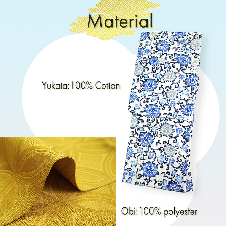 Women's Lightweight Cotton Yukata ＆Obi -2piece Coordinate set, Casual Summer Kimono  - White Base with Blue, Gray, and Navy Floral Arabesque