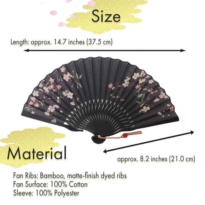 Folding Hand Fan for Lady's ,Surface Cotton, Bamboo Frame, Black (black background with pink-blushed cherry blossoms, slightly sheer)
