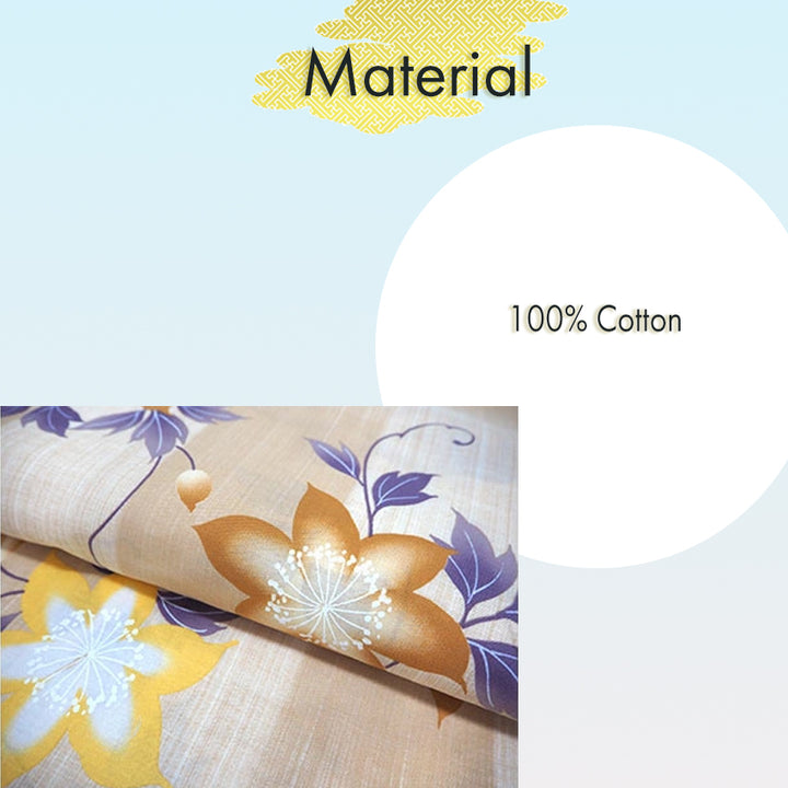 Women's Cotton Yukata, Casual Summer Kimono -Light beige Base,  “yagasuri” (arrow feather) patterns with clematis flowers