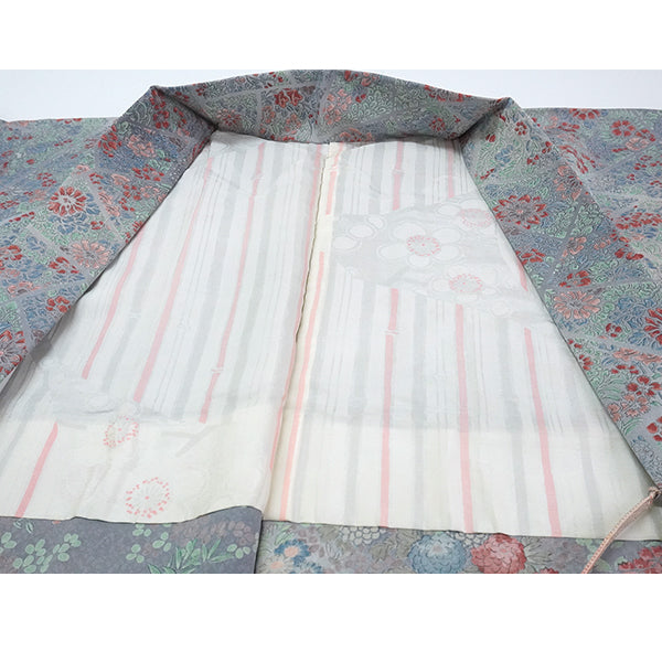 Vintage Haori Kimono Jacket Silk, Greyish Blue base, Floral Motifs