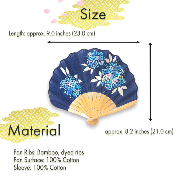 Folding Hand Fan for Lady's ,Surface Cotton, Bamboo Frame, Navy (navy background with gradations of blue, light blue, pink, and white hydrangeas)