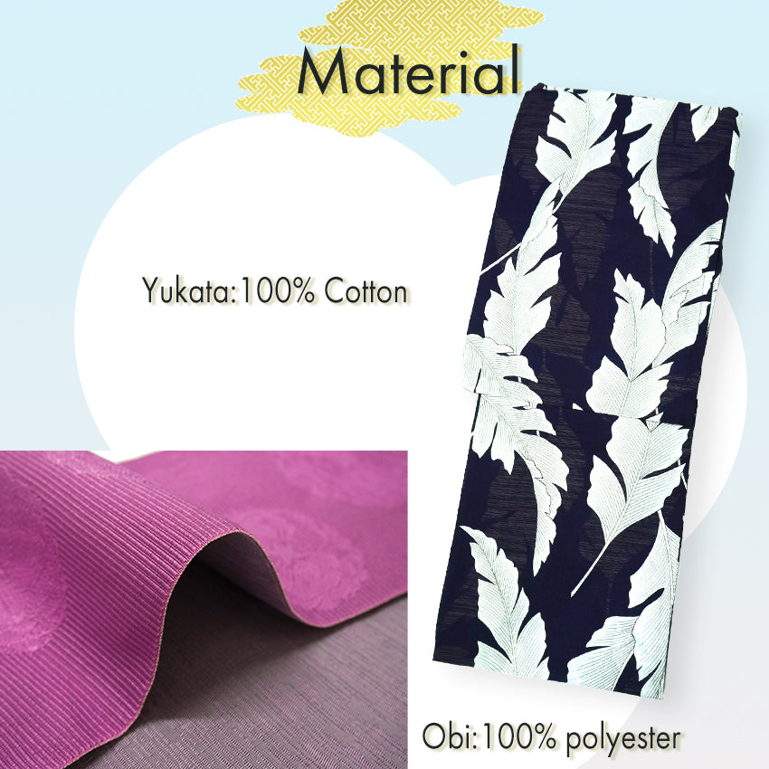 Women's Lightweight Cotton Yukata ＆Obi -2piece Coordinate set, Casual Summer Kimono  -Navy Base with large banana leaves (bashō) for a bold and tropical-inspired look.