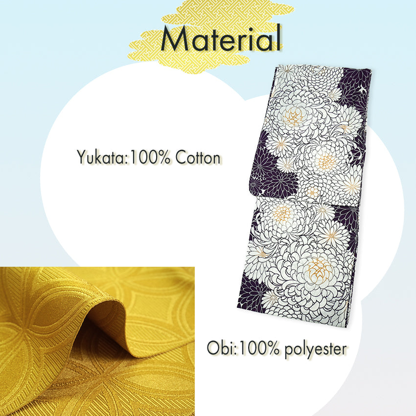 Women's Lightweight Cotton Yukata ＆Obi -2piece Coordinate set, Casual Summer Kimono -White Base with Chrysanthemum Allover