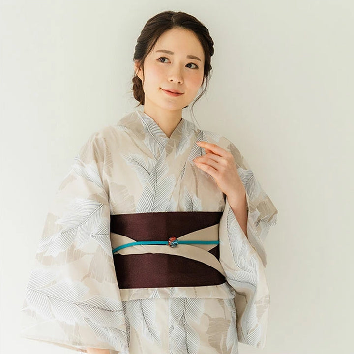 Women's Cotton Yukata, Casual Summer Kimono -Beige Base with large banana leaves (bashō) for a bold and tropical-inspired look.