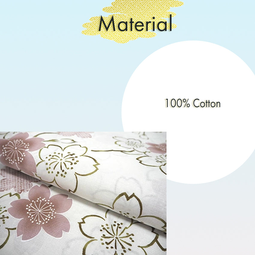 Women's Cotton Yukata, Casual Summer Kimono -Grayish white base with A graceful sakura (cherry blossom) motif featuring soft pink blooms