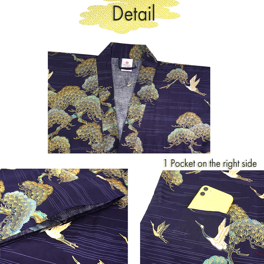 Men's Happi Coat: Kimono Robe -Black, Navy Blue, Red base, Cranes & Pine Trees