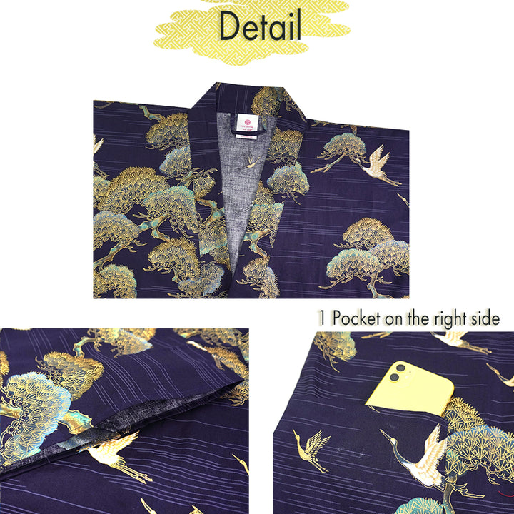 Men's Happi Coat: Kimono Robe -Black, Navy Blue, Red base, Cranes & Pine Trees