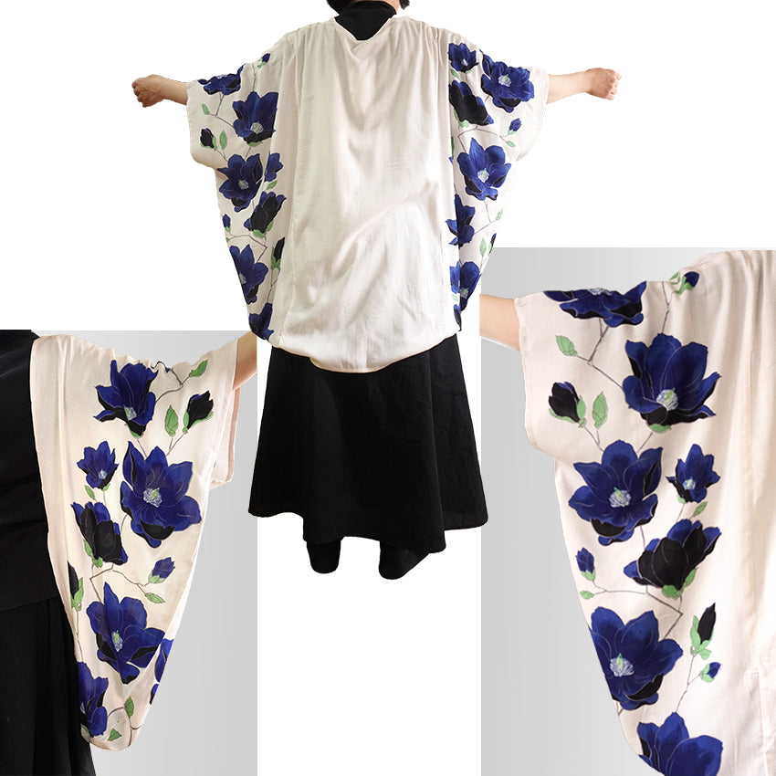 Lady's Haori , Kimono Cardigan -Black , White base – Magnolia pattern