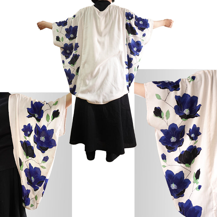 Lady's Haori , Kimono Cardigan -Black , White base – Magnolia pattern