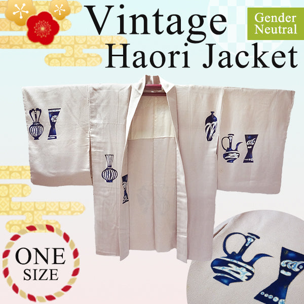 Gender-Neutral Vintage Haori Jacket , Base Color: Muted light pink Pattern: Water pitcher and vase motifs