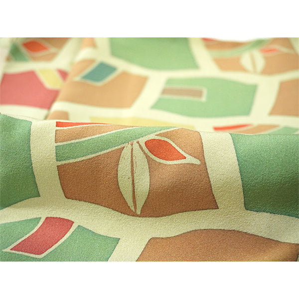 Vintage Haori Kimono Jacket Silk, Green base, Colorful Geometric Pattern