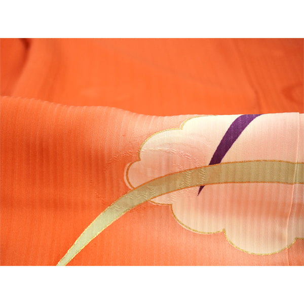 Vintage Haori Kimono Jacket Silk, Vivid Orange base, Cloud ,Dew-on-Grass Motifs