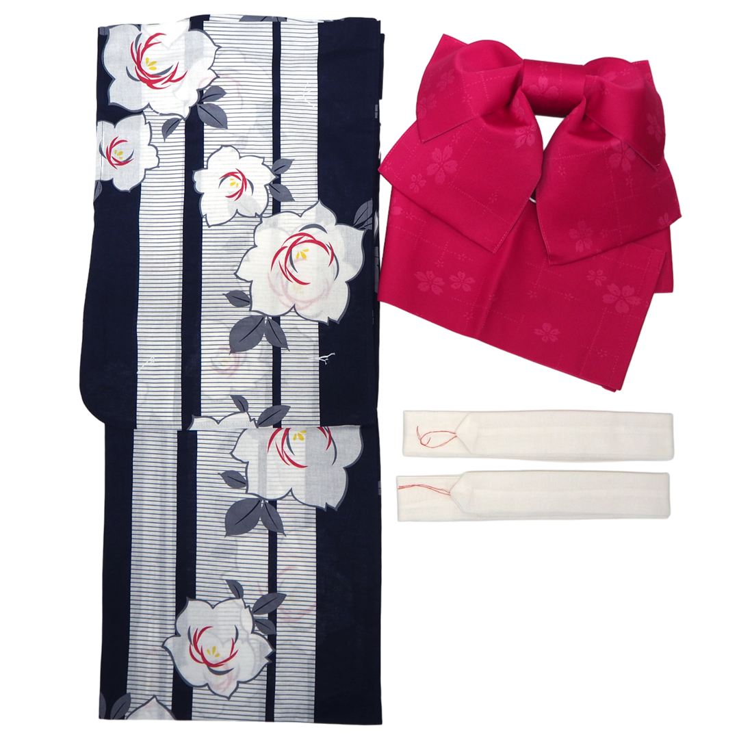 Women's Yukata Coordinate Set of 3 For Beginners : Navy Yukata & Dark Pink Obi