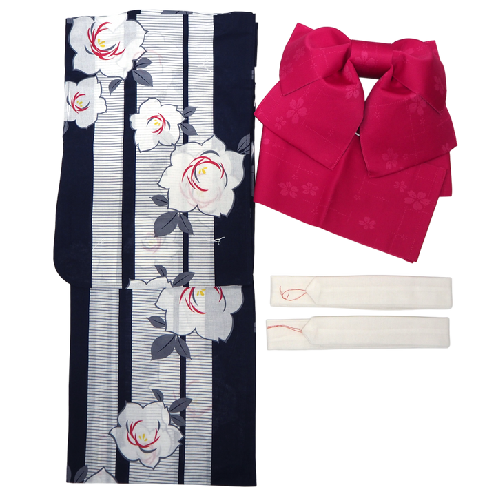 Women's Yukata Coordinate Set of 3 For Beginners : Navy Yukata & Dark Pink Obi