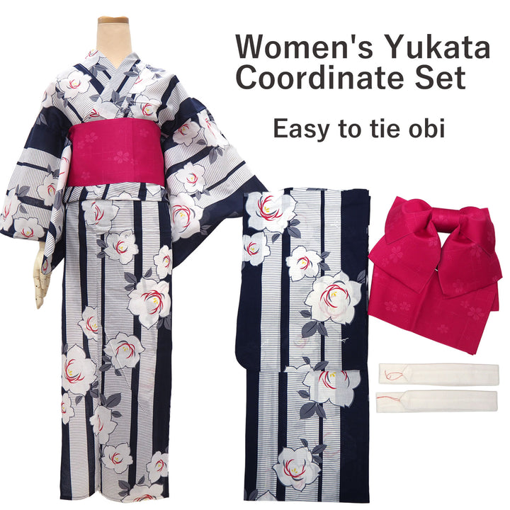 Women's Yukata Coordinate Set of 3 For Beginners : Navy Yukata & Dark Pink Obi