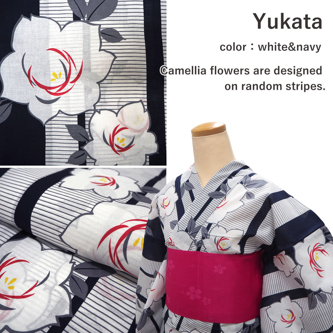 Women's Yukata Coordinate Set of 3 For Beginners : Navy Yukata & Dark Pink Obi