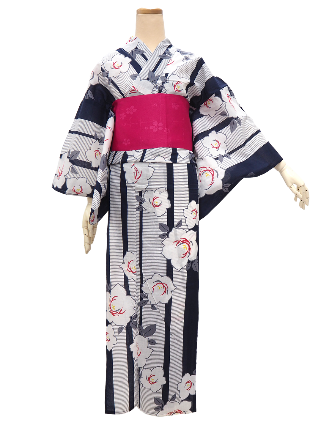 Women's Yukata Coordinate Set of 3 For Beginners : Navy Yukata & Dark Pink Obi