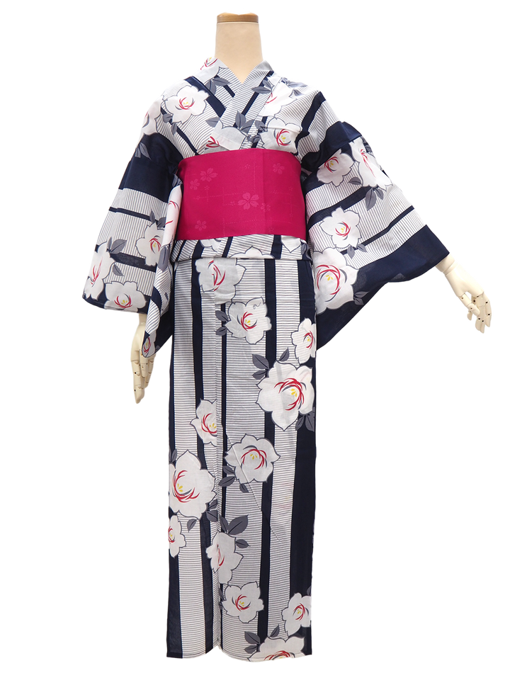 Women's Yukata Coordinate Set of 3 For Beginners : Navy Yukata & Dark Pink Obi