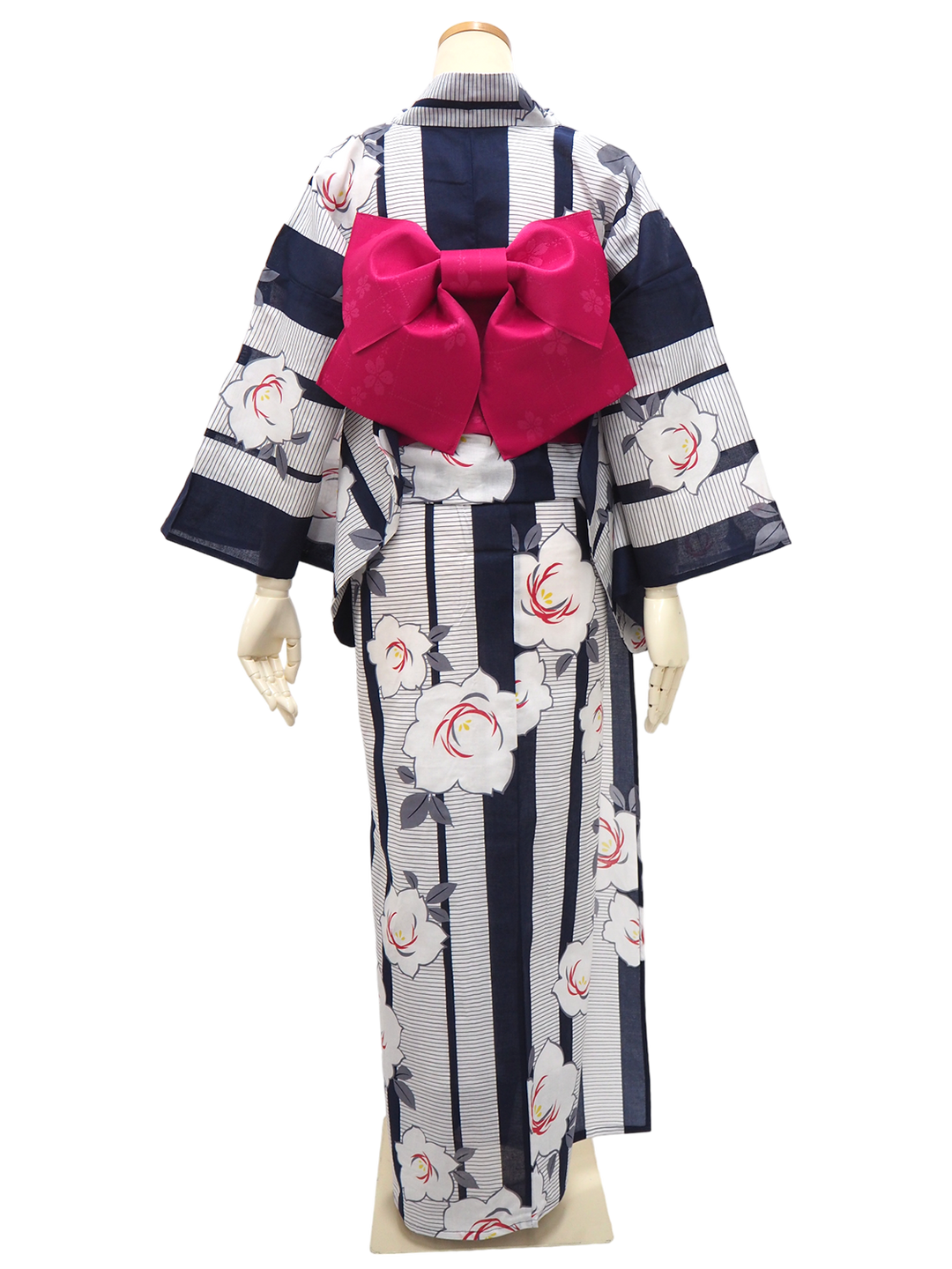 Women's Yukata Coordinate Set of 3 For Beginners : Navy Yukata & Dark Pink Obi