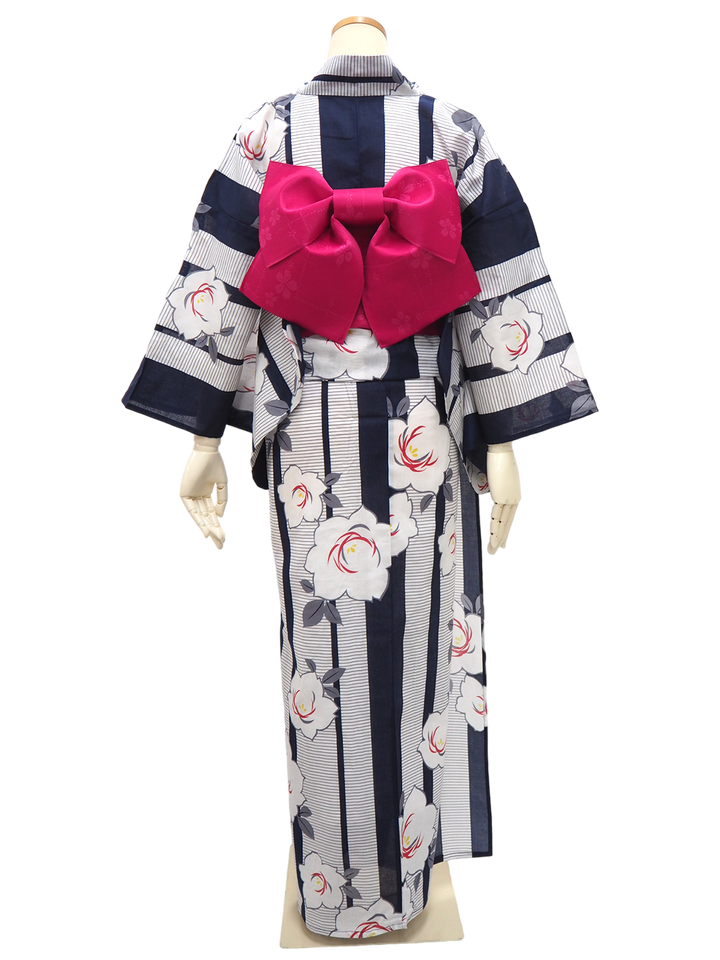 Women's Yukata Coordinate Set of 3 For Beginners : Navy Yukata & Dark Pink Obi