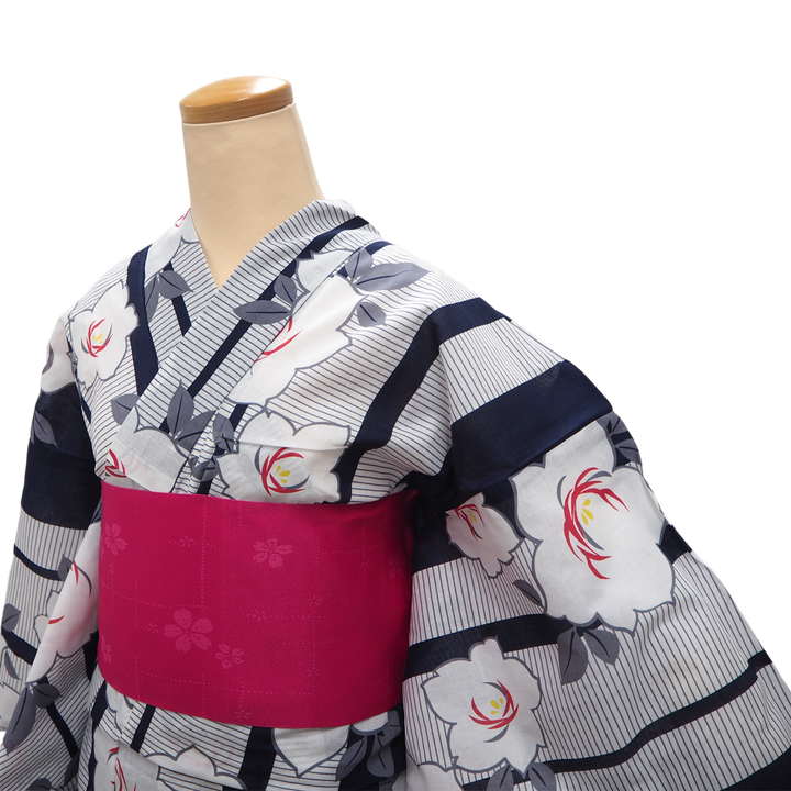 Women's Yukata Coordinate Set of 3 For Beginners : Navy Yukata & Dark Pink Obi