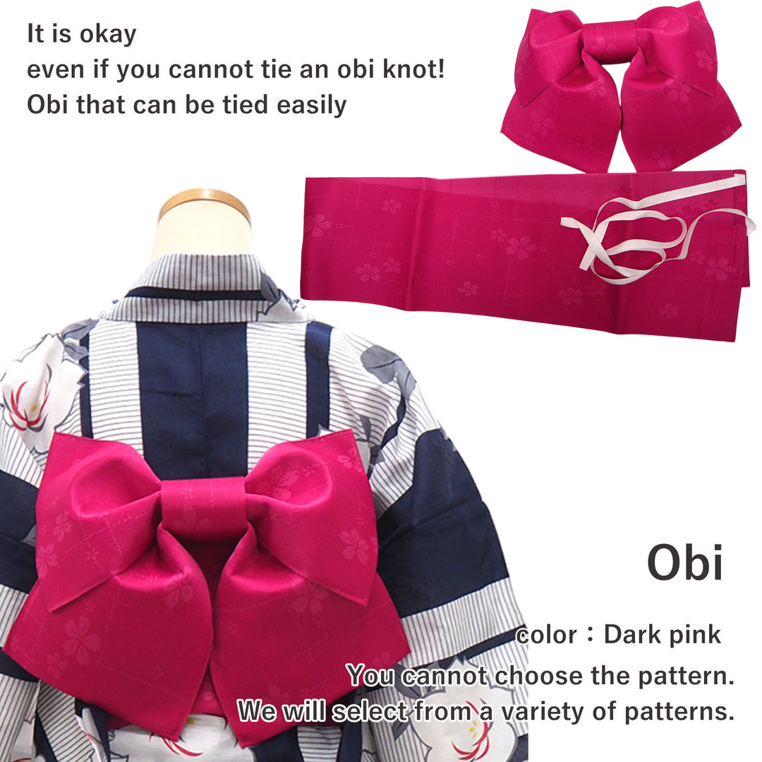 Women's Yukata Coordinate Set of 3 For Beginners : Navy Yukata & Dark Pink Obi