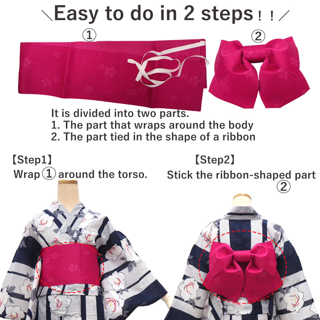 Women's Yukata Coordinate Set of 3 For Beginners : Navy Yukata & Dark Pink Obi