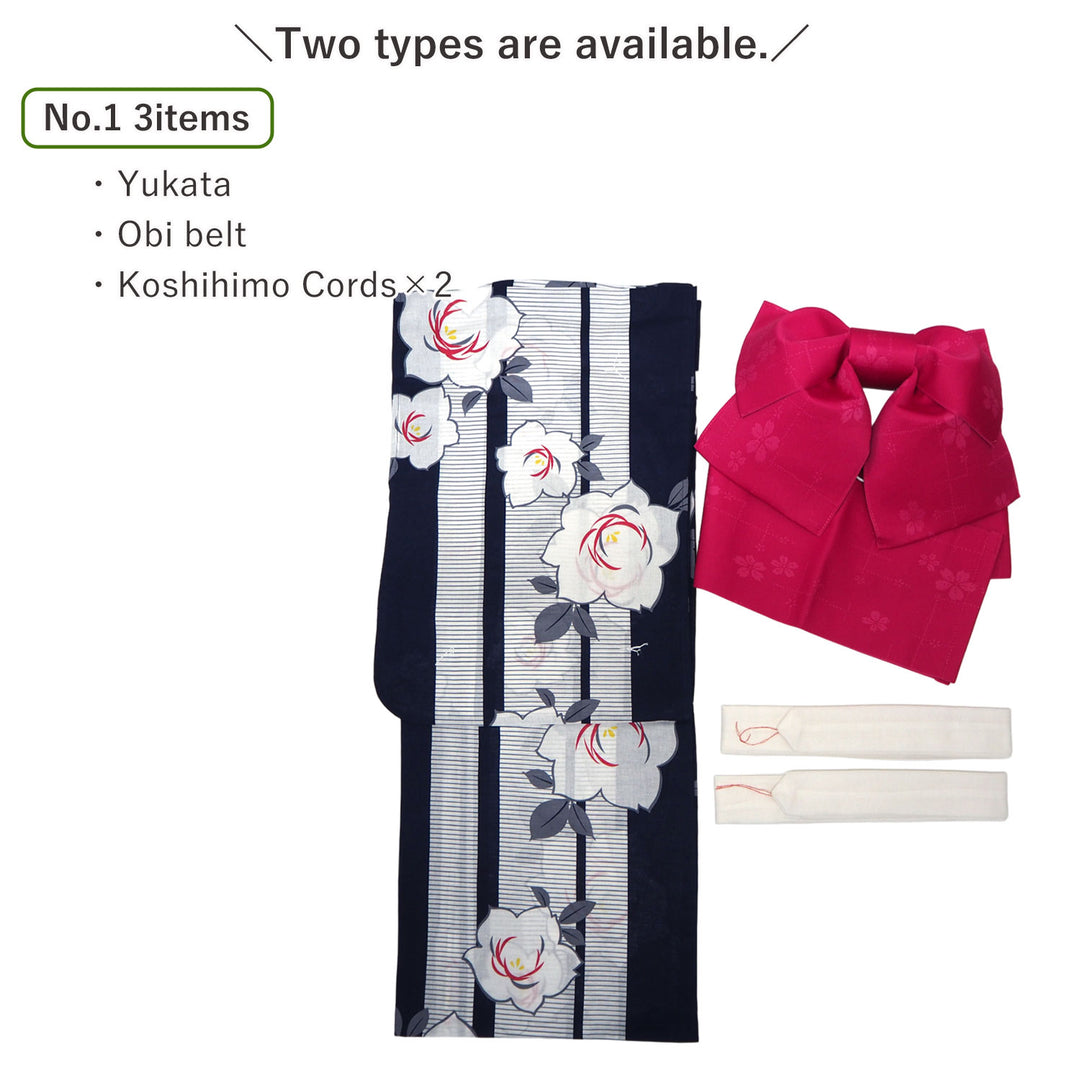 Women's Yukata Coordinate Set of 3 For Beginners : Navy Yukata & Dark Pink Obi