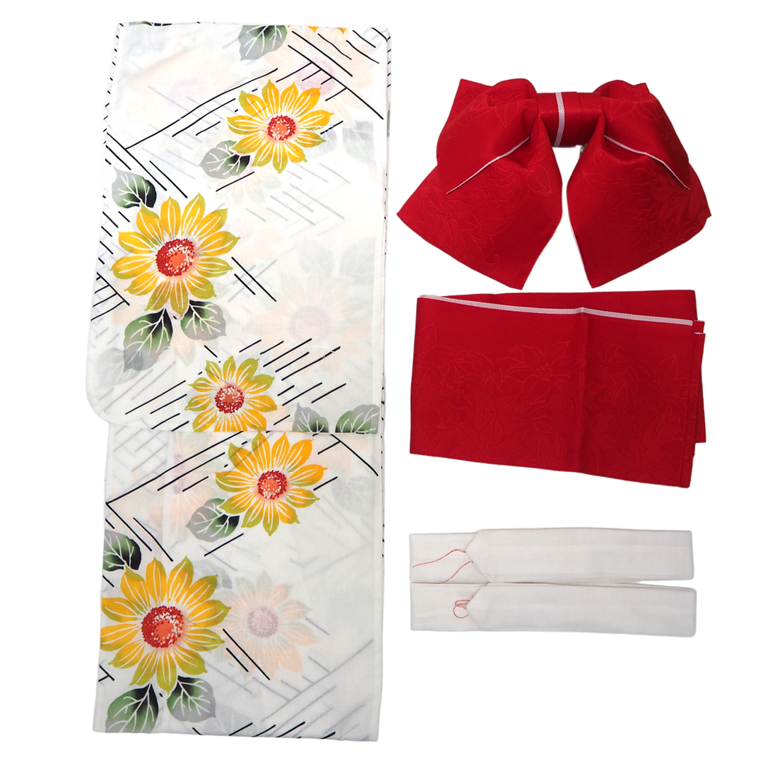 Women's Yukata Coordinate Set of 3 For Beginners : White Yukata & Red Obi