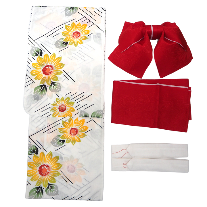 Women's Yukata Coordinate Set of 3 For Beginners : White Yukata & Red Obi