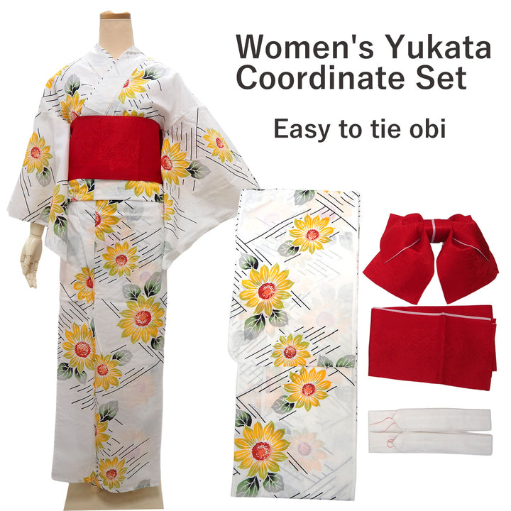 Women's Yukata Coordinate Set of 3 For Beginners : White Yukata & Red Obi