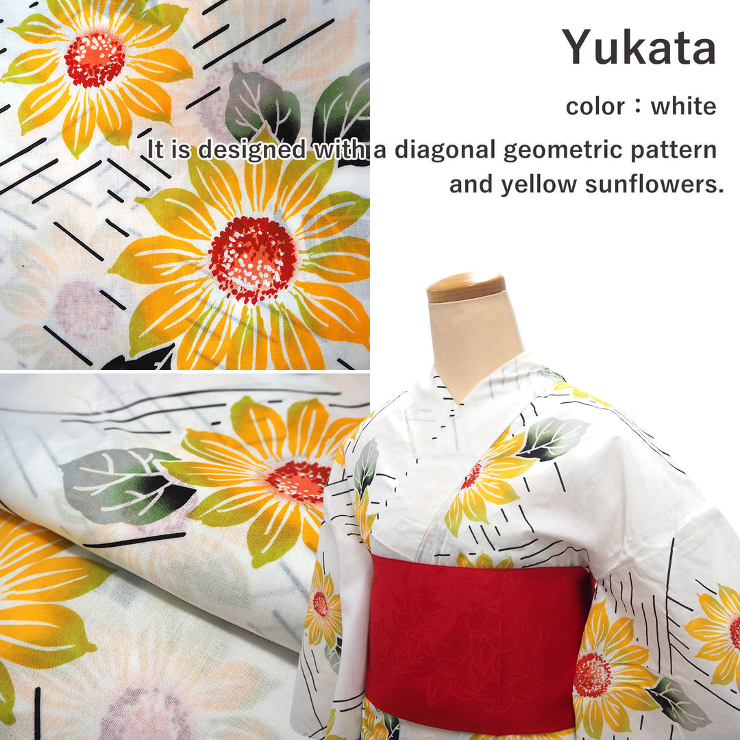 Women's Yukata Coordinate Set of 3 For Beginners : White Yukata & Red Obi